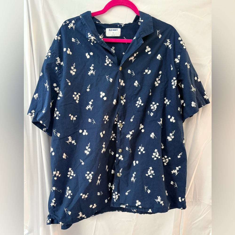 Old Navy Dark Blue Shirt with White Floral Design XXL